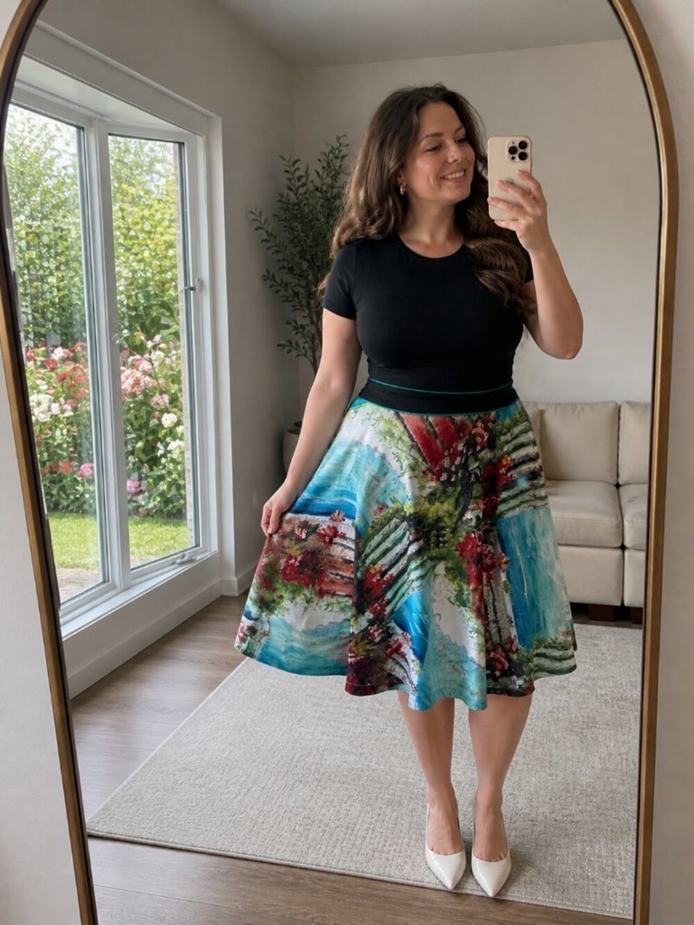Women’s 2X 20W Scenic Coastal Floral A-Line Midi Skirt Black Waist Boho Art Prin